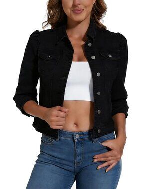 Women's Black Jean Jacket Cropped Stretchy 3/4 Sleeve Distressed with Pocket